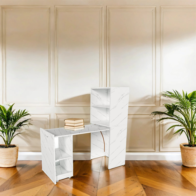 Bureau à hauteur réglable avec tablettes de rangement et roulettes, Blanc