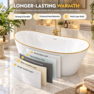 63" Modern Double Slipper Soaking Bathtub, White Acrylic Freestanding Tub with Elegant Gold Edge, Deep Bathing Design, Linear Overflow and Coordinating White Drain