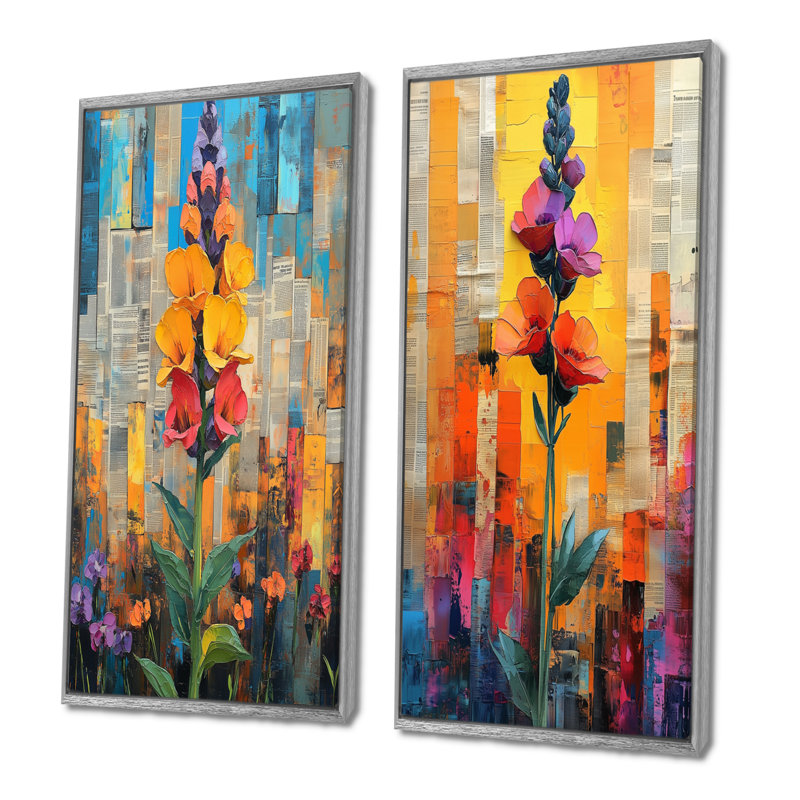 Ensemble de 2 fleurs jaunes et mauves du dragon des prairies I - Meadow, H 32 po x l 32 po, Encadrement argenté