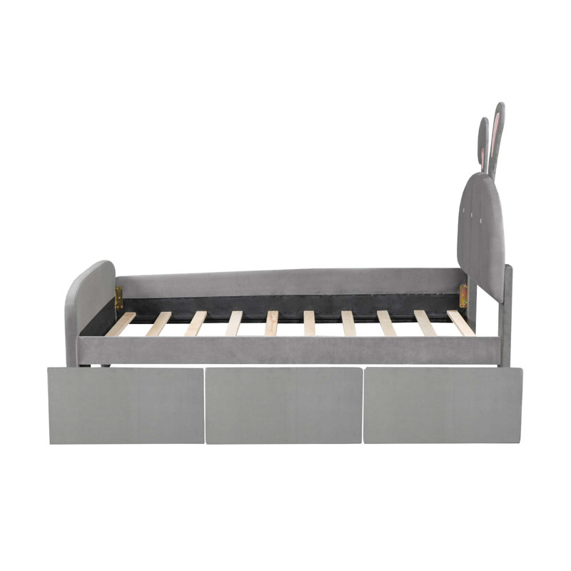 Lit plateforme en velours avec tête de lit en forme de lapin, avec tiroirs et poche de rangement, gris, Simple