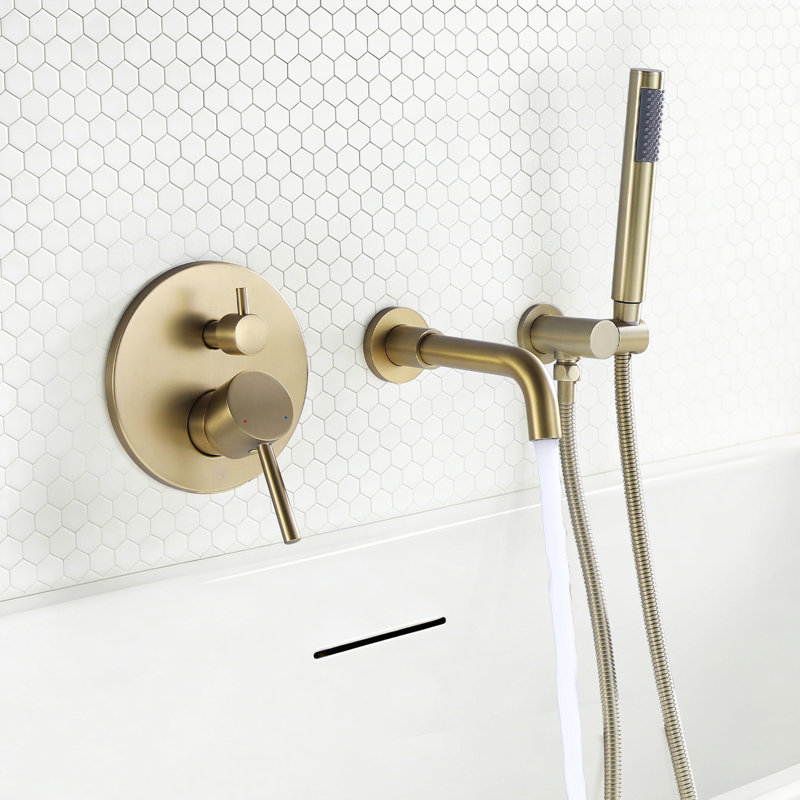7.3" Solid Brass Single Handle Wall Mounted Roman Tub Faucet with Handheld Shower, Gold