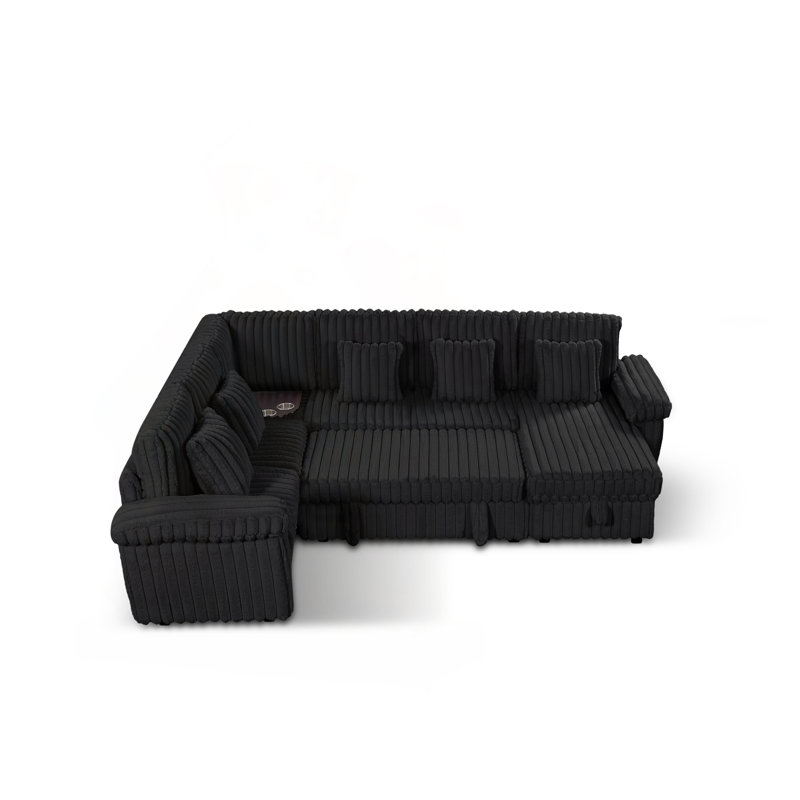 Canapé modulaire convertible en U en velours côtelé avec rangement, lit escamotable et table basse
