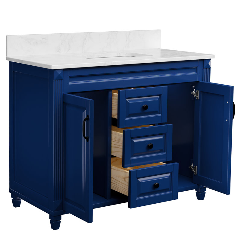Meuble-lavabo simple 42 po avec plateau en marbre et lavabo en céramique, Marine