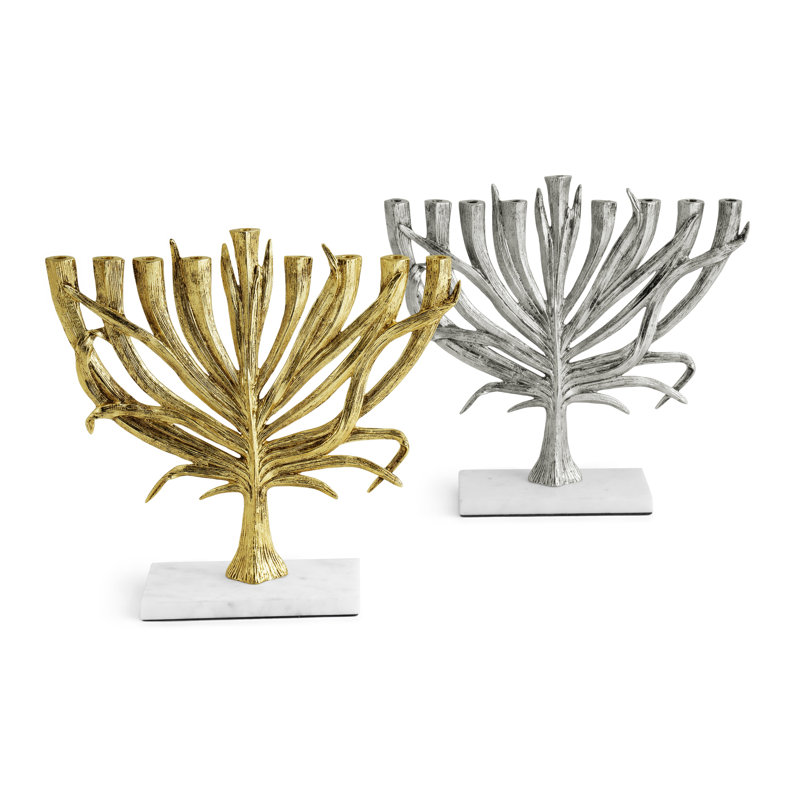 Palm Small Menorah, Antique Gold/White