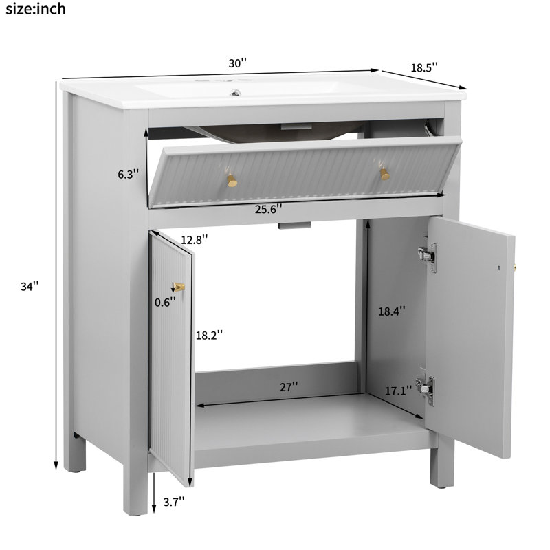 Meuble-lavabo gris avec lavabo en céramique - Design contemporain, fabrication en bois massif, options de rangement pratiques, style moderne de 30 po, ton, construction, grand