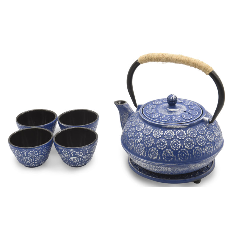 Ensemble de théière en fonte recouverte d'émail de 1,0 litre Deneco avec 4 tasses et support (bleu), Bleu