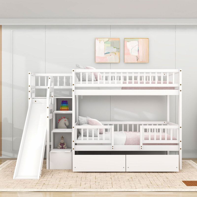 Twin Over Twin Bunk Bed With Slide And Storage Staircase, White