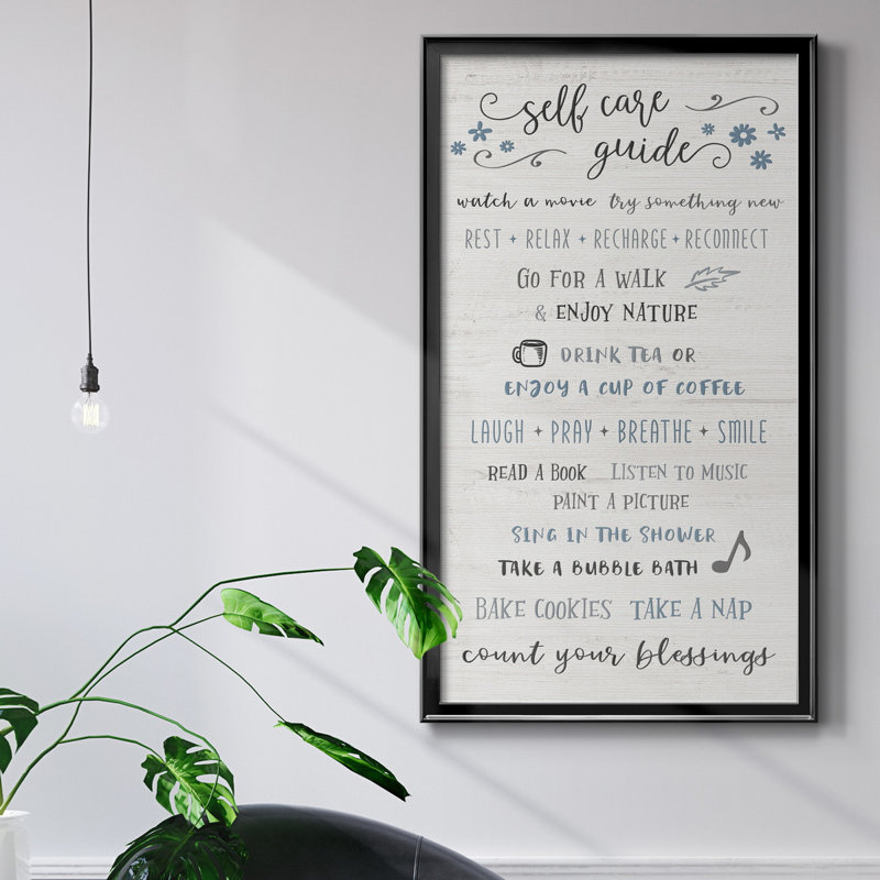 «Self Care Guide», art textuel sur toile, H 10,5 po x l 18,5 po x P 1,5 po, Cadre noir