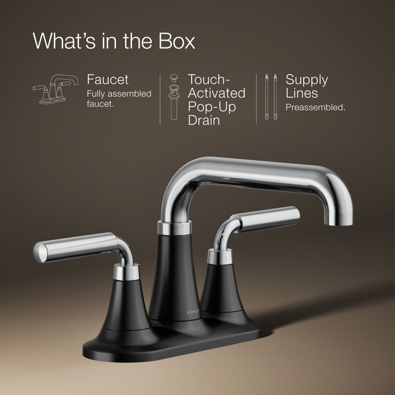 Tone Two-Handle Centerset Bathroom Sink Faucet with Clicker Drain, 1.2 GPM, Matte Black/Polished Chrome