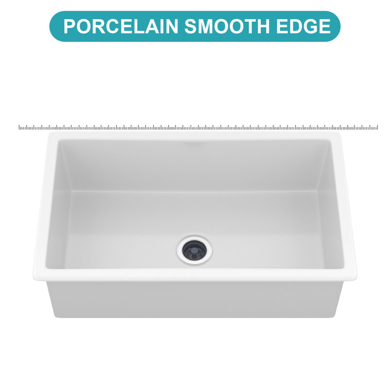 32"X19"X10" Undermount Single Bowl Fireclay Kitchen Sink - Dual Mount White Porcelain Fireclay Rectangular Deep Single Bowl Sink Basin
