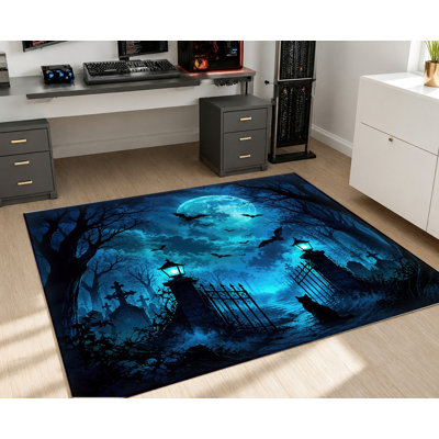 Tapis Spooky Halloween, scène de cimetière de pleine lune, conception artistique, tapis antidérapant, décoration intérieure artistique pour le salon, la chambre à coucher, le vestibule, la porte d'entrée, la cuisine, le balcon, appartement