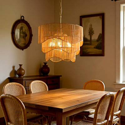 24 in. Boswel 7-Light Retro Style 3-Tier Rattan Gold Pendant Light for Kitchen Island with no bulbs included