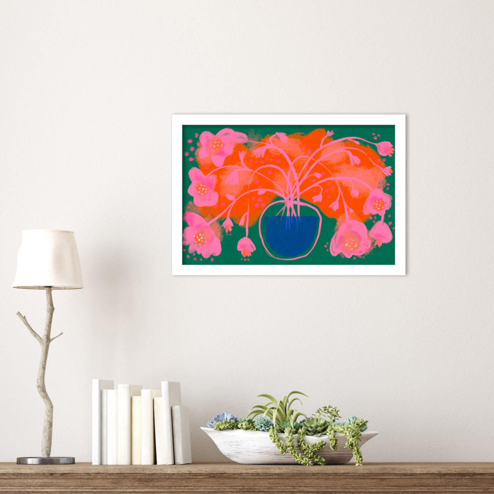 Pink Flower Bouquet by Treechild  Wood Framed Wall Art Print, White, 12" H x 17" W