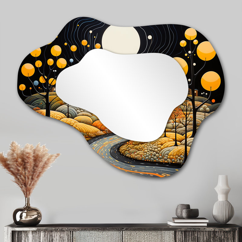 Victorene, arbres jaunes, pleine lune, route de campagne - paysage nuage, miroir mural décoratif asymétrique jaune, impression d'art en métal