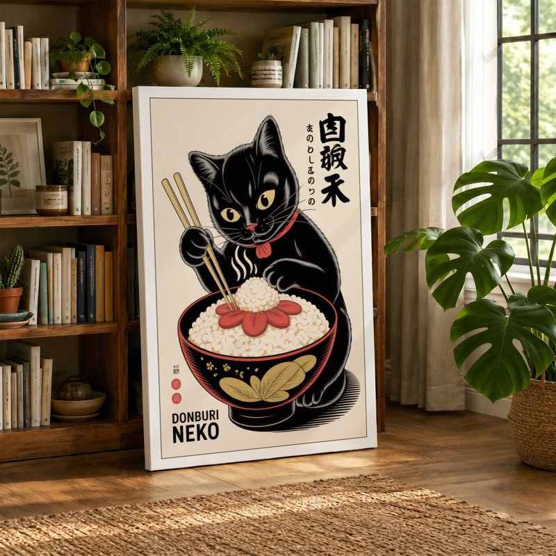 Beckoning Noodle Cat Japandi - Wrapped Canvas, 30x20 - 76.2 x 50.8 cm, Black Border