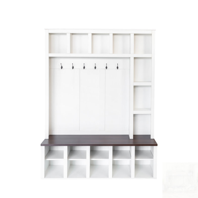 Farmhouse Wooden Hall Tree With 6 Hooks, Adjustable Shelves, And Storage Bench For Entryway And Mudroom, White/Dark Walnut