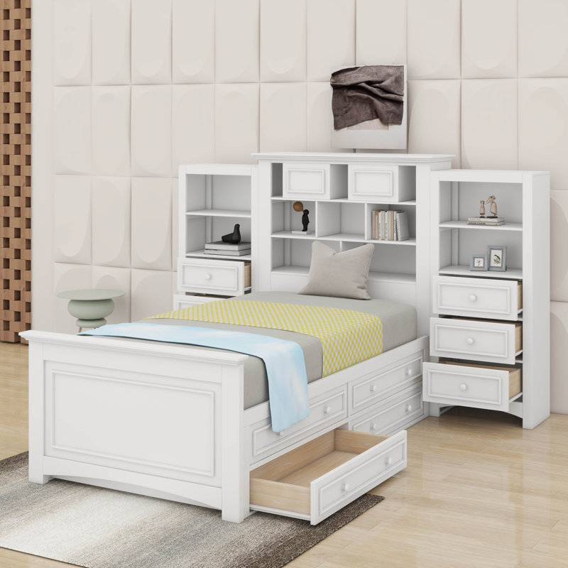 Lit plateforme simple en bois avec armoire verticale et tiroirs, Blanc