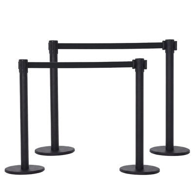 Lot de 2 poteaux de contrôle de foule en acier au carbone, barrières de file d'attente avec sangle rétractable noire de 2 m et base lestée pleine remplie de béton