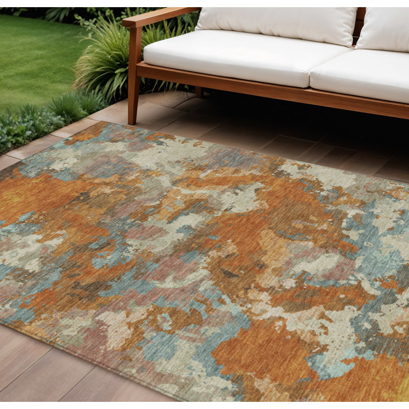Tapis intérieur lavable abstrait 8 pi x 10 pi cuivre et orange, Rectangle 8 pi x 10 pi