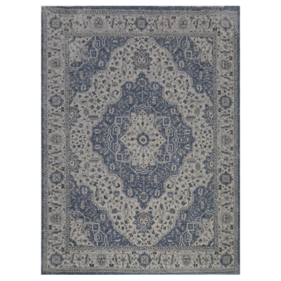 Oriental Machine-Made Cream /Blue Area Rug