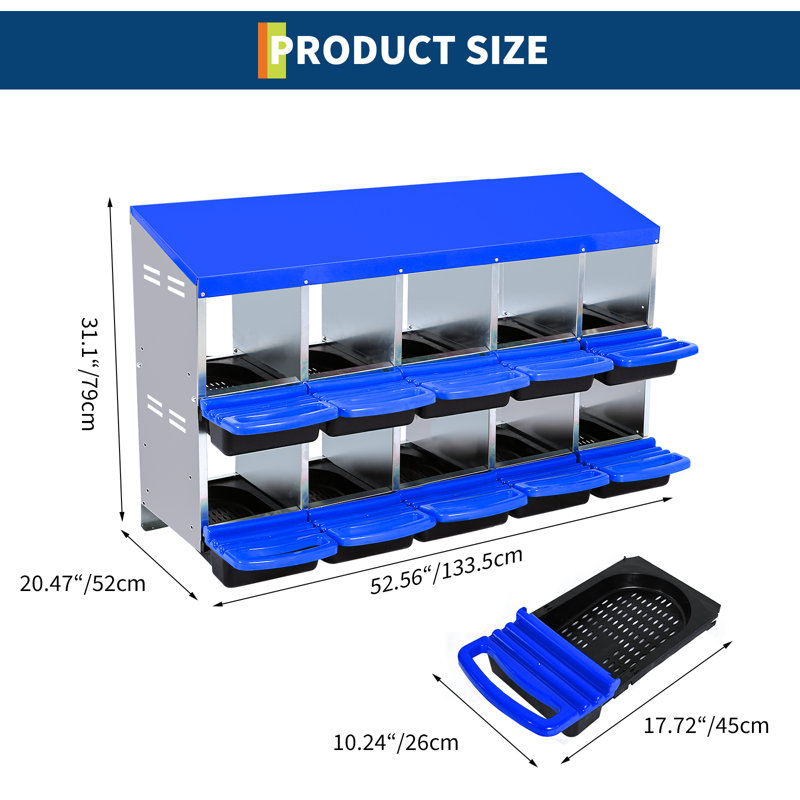 Boîtes de nidification pour poulets, 10 boîtes de poules pondeuses, plateau en plastique amovible, facile à nettoyer, nichoirs roulants pour poules pondeuses, bleu