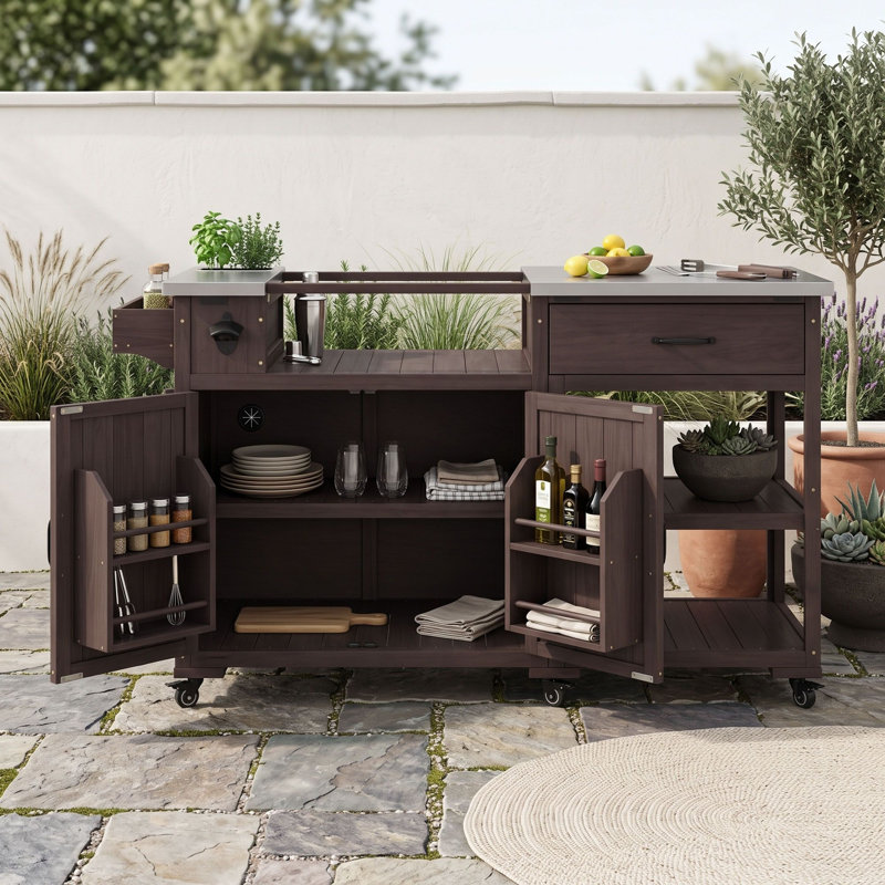 Solid Wood Outdoor Kitchen Cart with Stainless Steel Top, Adjustable Shelf, Door Racks, Drawer and Locking Caster, Brown