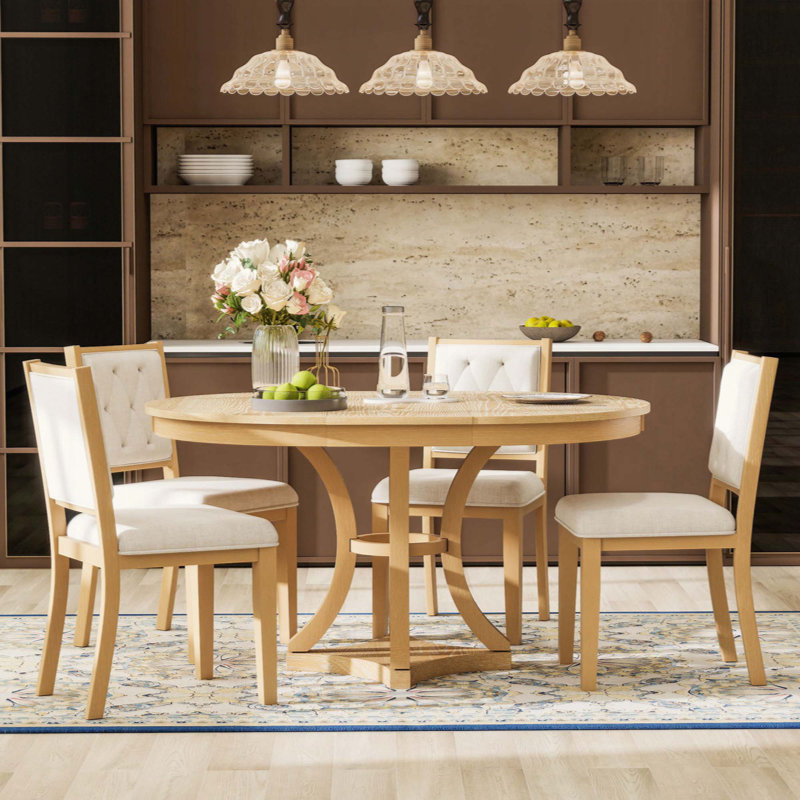 Ensemble de table de salle à manger 5 pièces avec table à rallonge et 4 chaises rembourrées, Naturel, Beige / Naturel