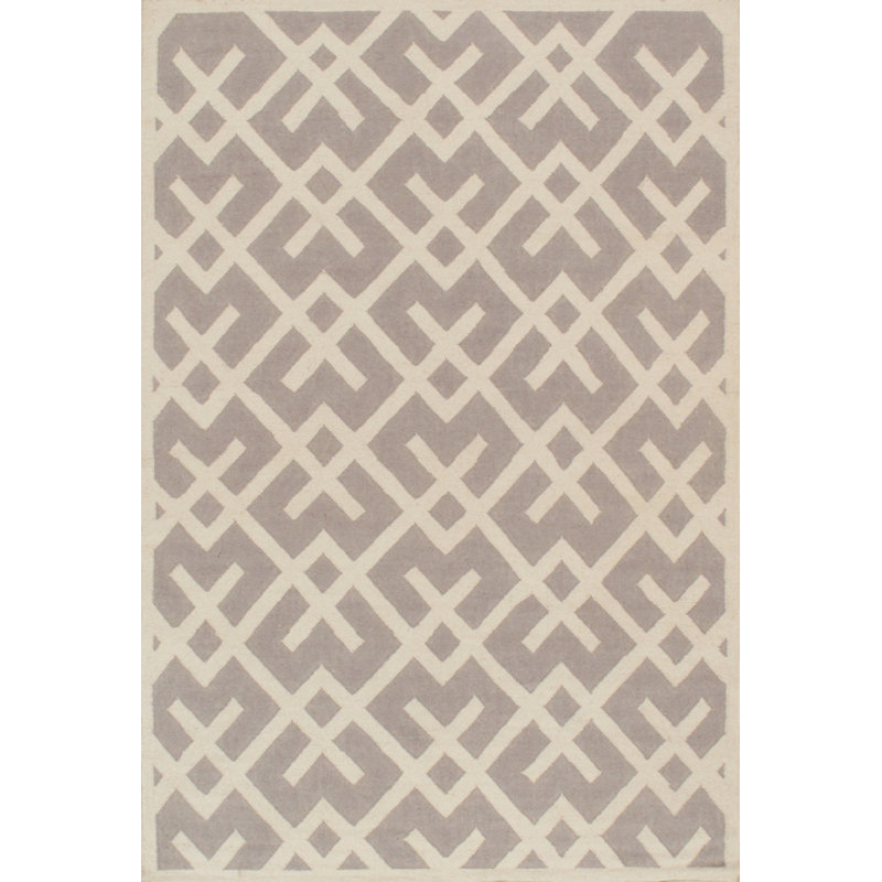 Tapis gris / ivoire en laine tissé à plat à la main à motif géométrique