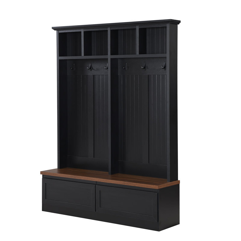 Farmhouse 4-In-1 Hall Tree With Wood Grain Bench - 2 Drawers & Coat Rack For Entryway, Black