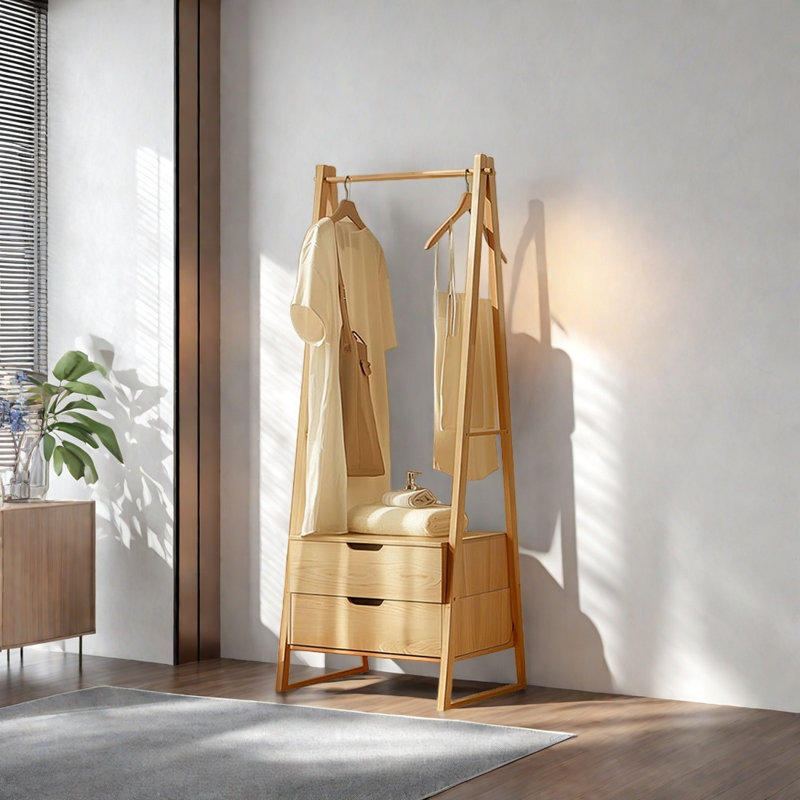 Solid Ash Wood Coat Rack with 2 Drawers