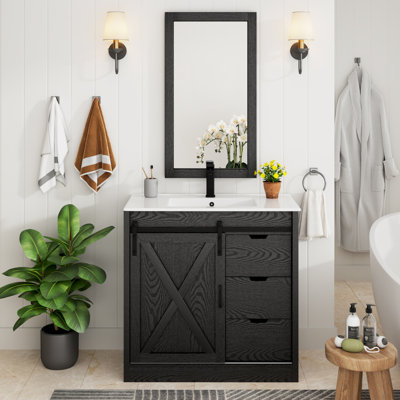 Bathroom Vanity With Sink, Faucet, Mirror, Sliding Barn Door, And Drawers