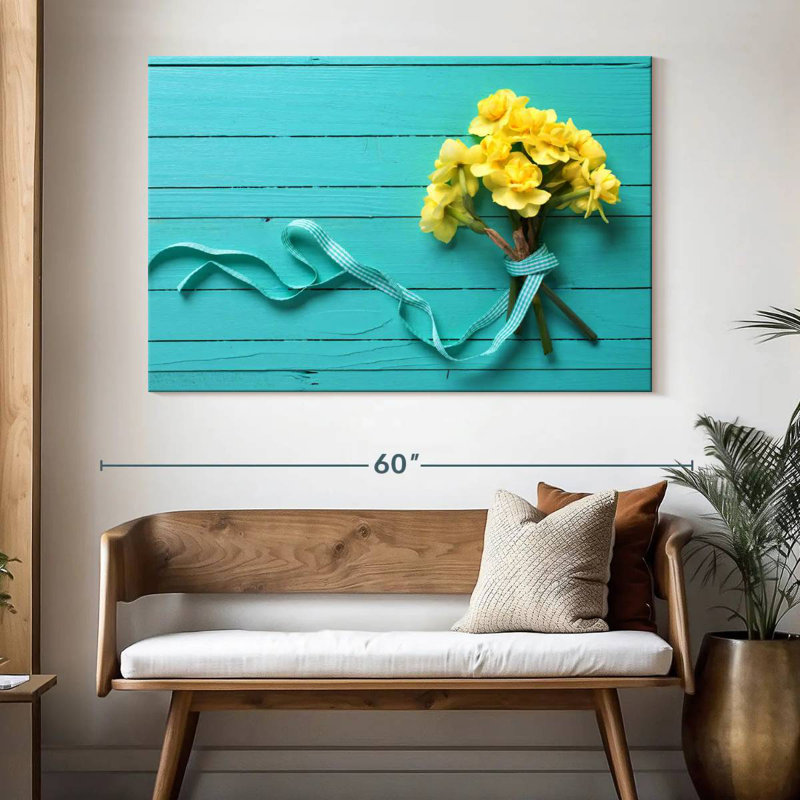 Bouquet de jonquilles Harnek sur fond bleu, H 34 po x l 51 po