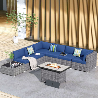 8 - Person Patio Furniture Set With Coffee Table, Outdoor Wicker Rattan Sectional Seating Group With Cushions, All Weather Sofa Conversation Set With Fire Pit Table For Garden Backyard