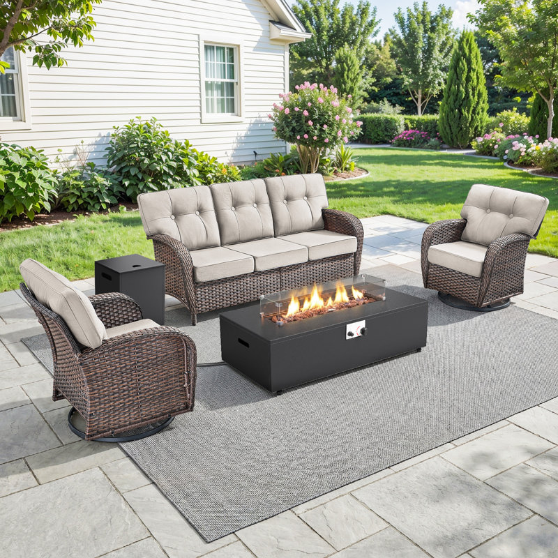 Bruner 4-Piece Wicker Rattan Patio Conversation Set With Swivel Gliders, Outdoor Split Fire Pit Table With Hidden Tank Holder