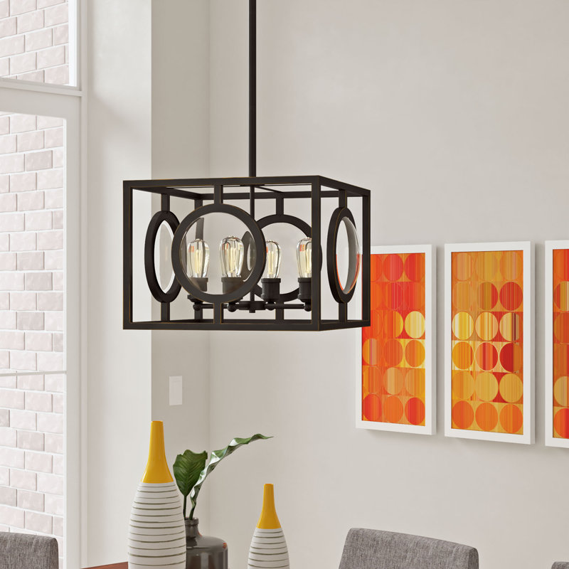 Lustre rectangulaire / carré unique à 4 lumières Silvey, H 11 po x l 17,75 po x P 17,75 po, Bronze vieilli