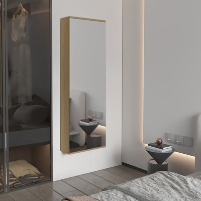 Range-chaussures mural Leto avec miroir, porte simple, capacité pour dix chaussures en chêne naturel, rangement pour chaussures