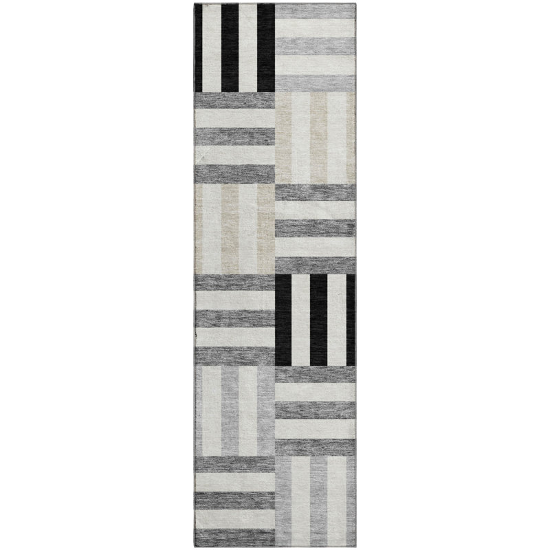Premium Machine Washable Mayfield AMF2332 Geometric Rug, 2'3" x 7'6" Runner, Black