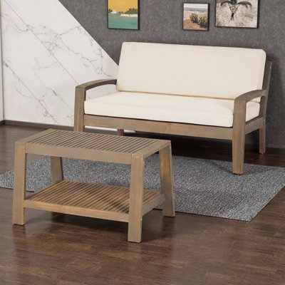 Ensemble de conversation d'extérieur 2 pièces en bois d'acacia gris | Causeuse et table basse avec coussins beiges résistants à l'eau | Mobilier de patio d'une capacité de 350 lb pour terrasse, jardin et jardin