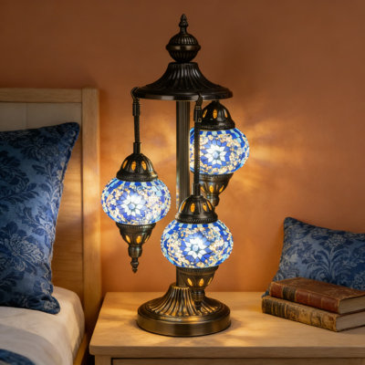 Handmade Turkish Mosaic Table Lamp With 3 Glass Globes And Bronze Base, 23 Inch Tiffany Style Night Light Fixture With LED Bulb For Living Room And Bedroom Decor