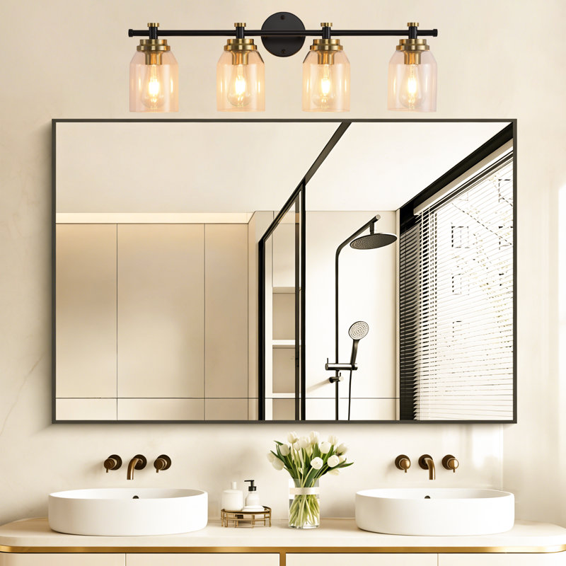 4-Light Bathroom Light Fixtures, 30Inch Black Gold Modern Vanity Lights With Clear Glass Shade, Bathroom Wall Lamp For Mirror Kitchen Living Room Hallway Bedroom