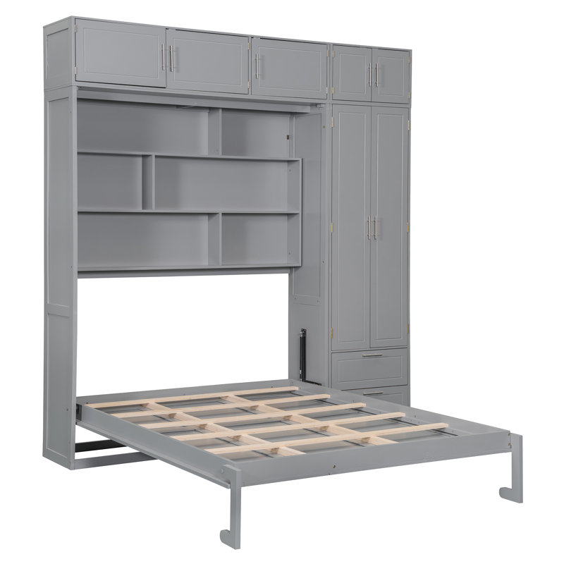 Grand lit escamotable mural avec armoires de rangement, tablettes, garde-robe et tiroirs, lit pliant peu encombrant, gris