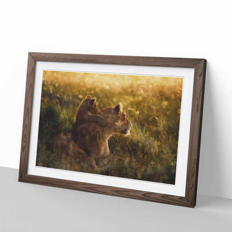 Lioness with Lion Cub - Framed Print, 48cm H x 65cm W x 2cm D, Walnut Framed