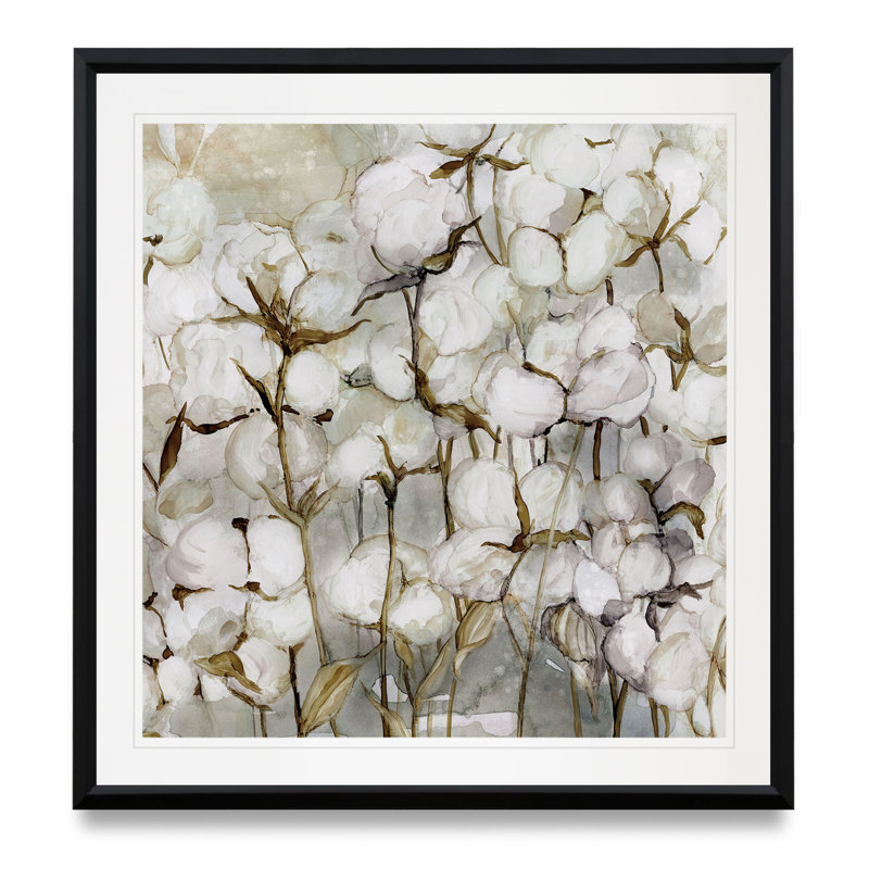 Cotton Field - Matted and Framed Under Glass, Large Living Room Wall Art, 30.5" H x 30.5" W x 1.5" D, Black Plastic Framed