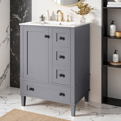 24" Single Bathroom Vanity with Ceramic Top, Soft-close Drawers and Door