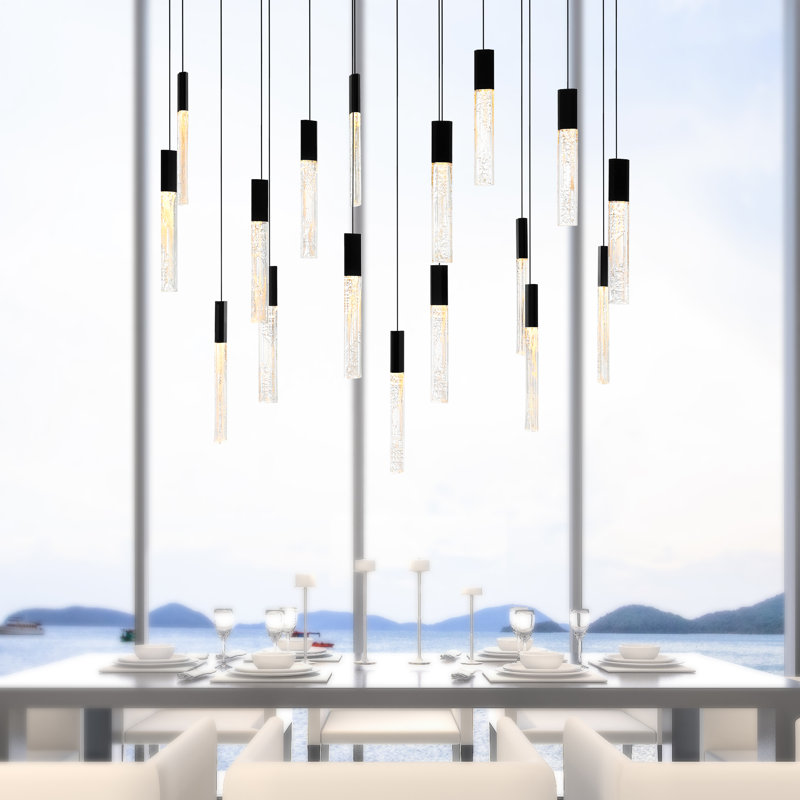 Lustre moderne intégré à DEL de 48 po avec verre texturé fait à la main pour le salon et la salle à manger, Noir