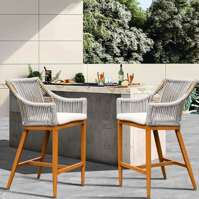 2 tabourets de comptoir d'extérieur, aluminium, support pour les bras et le dos, corde, coussin confortable, pour le jardin, la piscine, le patio, la cuisine, les tabourets de bar carrés de style kaki avec accoudoirs - Coussin de piscine