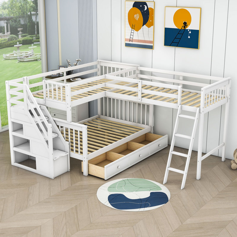 Lits superposés en bois en forme de L à 3 tiroirs avec tablettes Idasia, Blanc