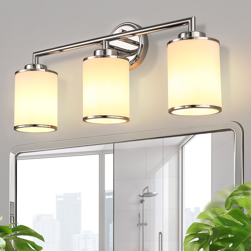 17 In. 3-Light Chrome Vanity Light With Frosted Glass Shades, Modern Bathroom Wall Sconce For Vanity, Mirror