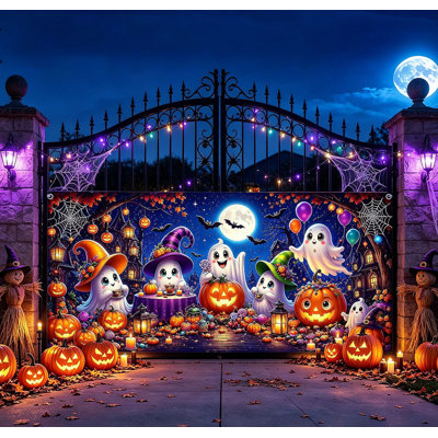 Bannière de porte de garage d'Halloween avec un adorable fantôme (1,8 x 4 m), décor effrayant pour fête en extérieur.