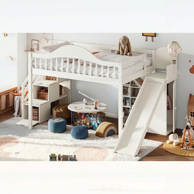 Lit mezzanine double avec escalier de rangement, glissade et garde-robe intégrée, garde-corps hauts, idéal pour les chambres à coucher et les dortoirs, beige